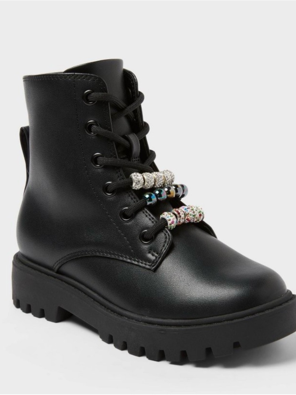 Girls Black Chunky Lug Lace-Up Boot with Beaded Accents